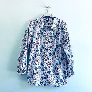 Talbots - 3X Long Sleeve Blouse - Pink and Blue Paisley on White